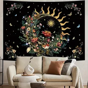 Bohemian Forest Galaxy Starry Tapestry - Vibrant Sun & Moon Design With Floral And Butterfly Motifs, Black Background, Polyester Fabric, Horizontal Wall Hanging For Bedroom, Living Room, Dorm Decor, Boho Home Decor boys and girls room decor