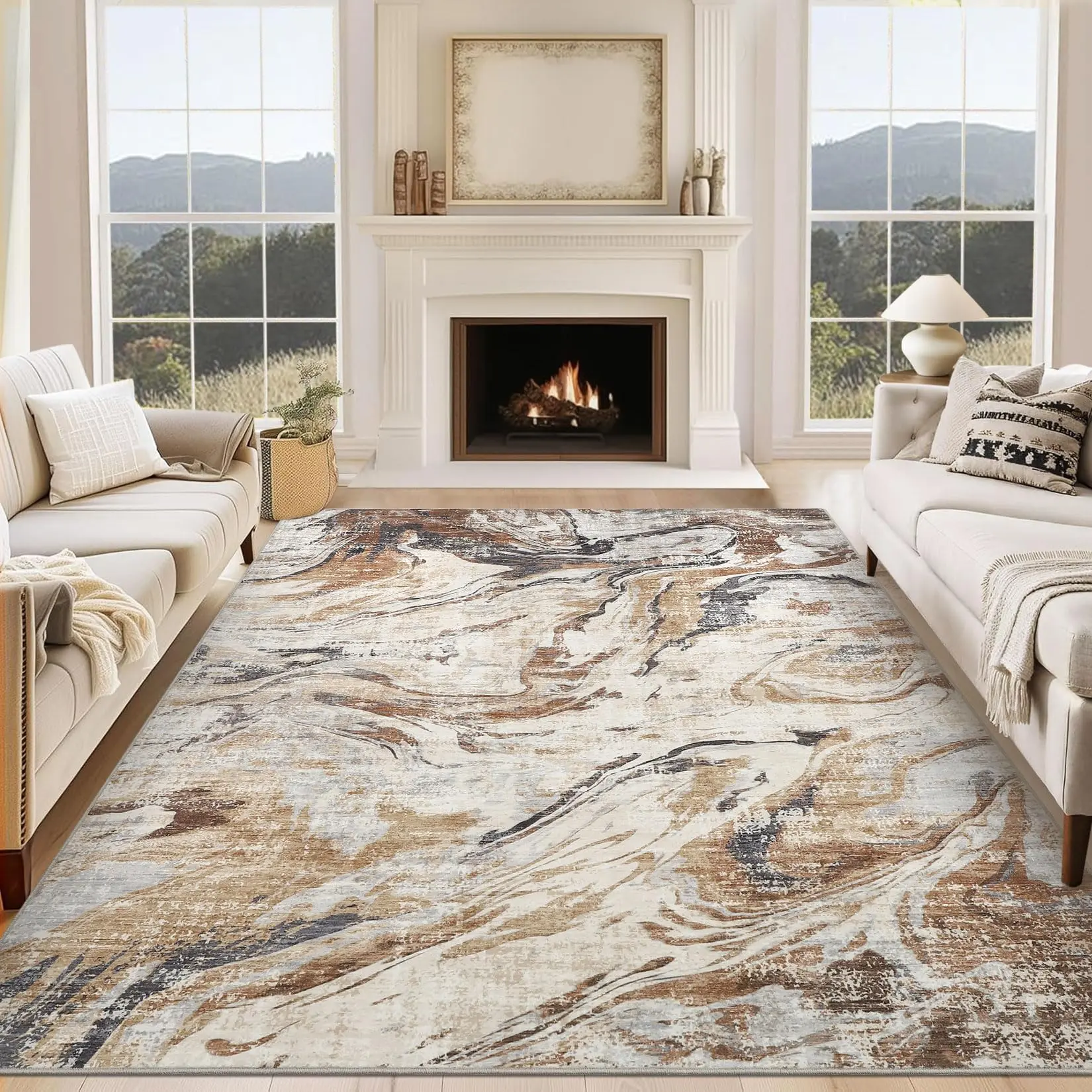 Machine Washable Area Rug 9x12 Large Living Room Rug, Non Slip Modern Abstract Floor Carpet, Low Pile Foldable Rug, Soft Rug for Bedroom, Nursery, Dining Room, Brown