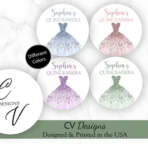 Quinceanera Stickers 2 Inches 100pcs Modern Pink Blue Purple Green Personalized Party Favors Made in USA