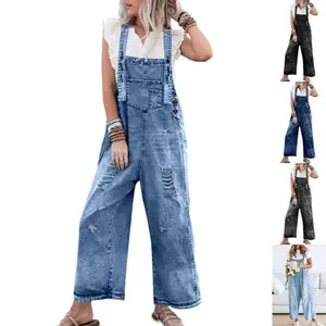 Women's Denim Overalls Casual Jumpsuits Loose Fit Adjustable Strap Distressed Bib Jeans Overall Jumpsuits Clothes Blue