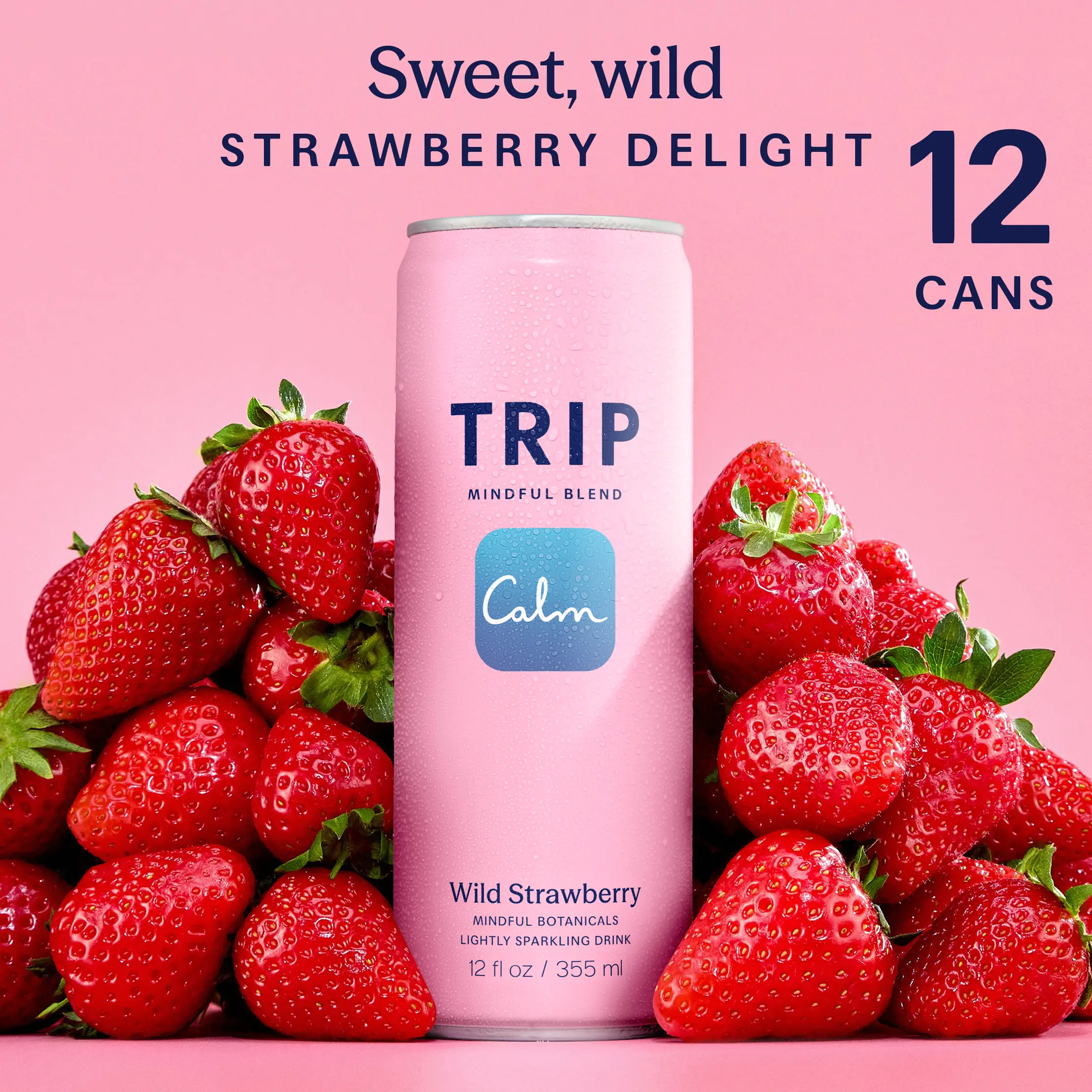 TRIP Wild Strawberry Sparkling Magnesium  Drink — 120mg Magnesium, Ashwagandha, Lion's Mane, L-Theanine, Non-Alcoholic, Low Calorie, Vegan (12-Pack, 12oz)