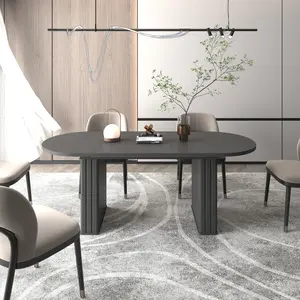 Kitchen extendable dining table for 4-8 people, oval kitchen table with wooden strip base for family living room (black)