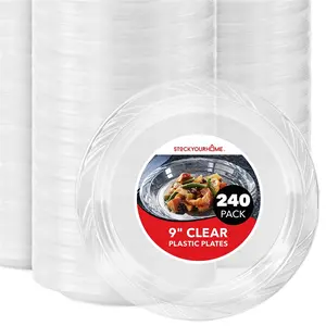 Stock Your Home 240-Count, 9 Inch Clear Plastic Plates, Flexible, Disposable Heavy Duty Party Dinner Plate, for Wedding Reception, Holiday Parties, Mains, Sides, Salad, and Dessert, Large Size