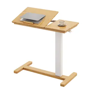 Solid Wood Bedside Table with Hidden Casters Adjustable Hospital Bed Table Rolling Laptop Table Detachable Double Desktop Pneumatic Spring Lift Suitable for Hospital and Home Use Natural Wood Finish