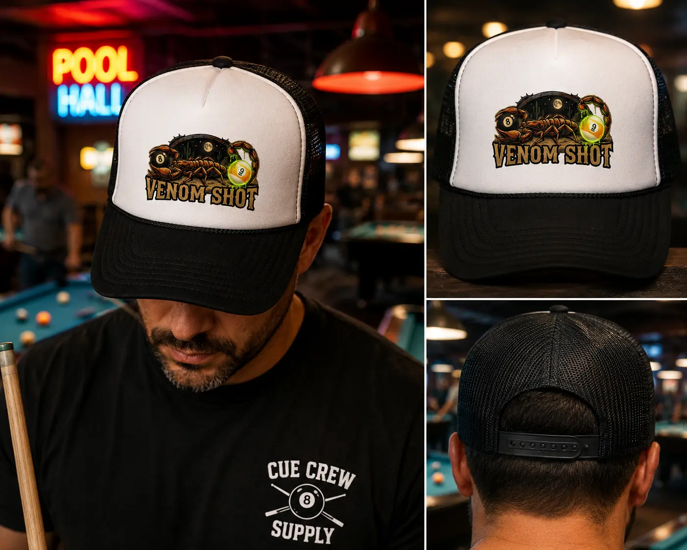 Venom Shot Scorpion Billiards Trucker Hat – Desert 8 Ball & 9 Ball Pool Player Foam Snapback Cap | OTTO 39-165