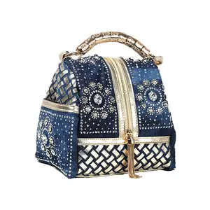 Fresh ladies tassel decorated  bucket bag, casual denim  mini purse Vintage Monogram Hobo Shoulder Women's Messenger buckle decor flap purse small crossbody