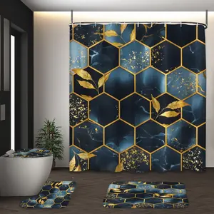 Lvrlvr 4 Piece Blue Gold Marble Geometric Leaf Luxury Bathroom Set, Includes Shower Curtain, Mat, Toilet Cover, Hooks, 70.8x70.8 Inches