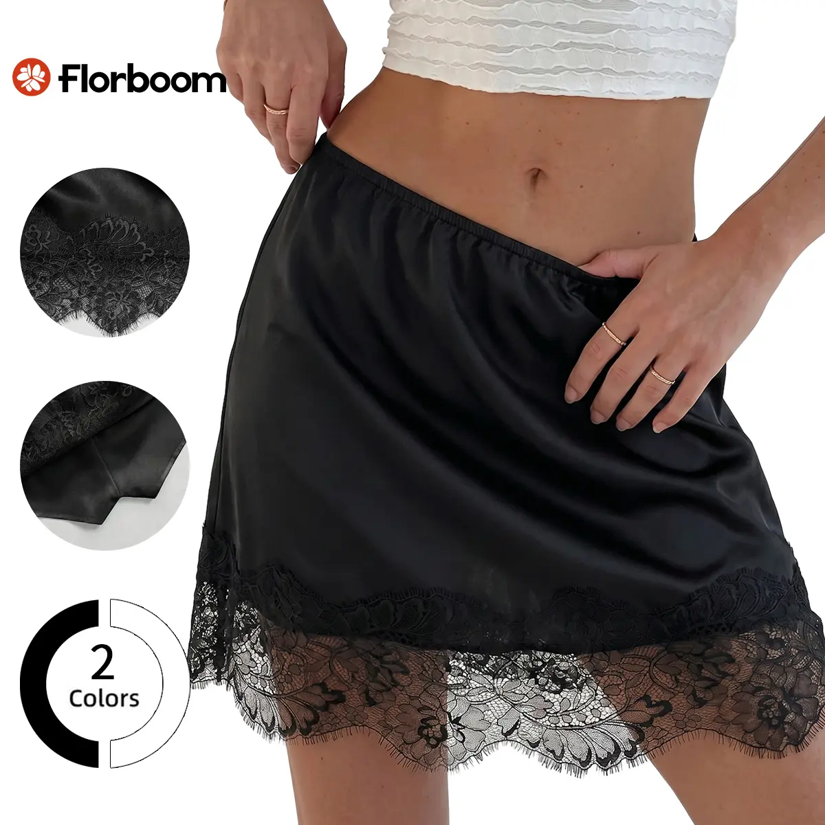 Florboom Women's Summer Lace Trim Mini Slip Skort, Casual Elastic Waist, A-line Skirt, Must-Have for Trendsetters, Music Festival Outfit, Daily,Holidays, GrungeStyle, Westernfashion,Summervibes