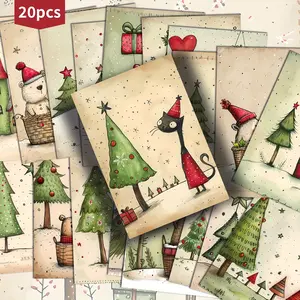 Vintage Christmas Tree Postcards Set, Cute Animal Designs, Perfect for Scrapbooking & Crafts, Collectible Decorative Cards