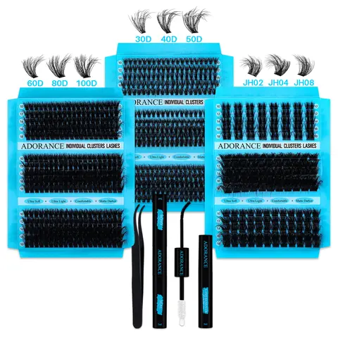 ADORANCE Eyelash Extension Cluster Lashes Kit - 3-Styles-in-1 Tray (30D-50D, 300/300/155PCS; 30D-100D/JH02-JH08 D Curl, 10-18mm) with 3D Wispy Clusters, Bond, Seal, Remover, Tweezers, Beginner-Friendly for DIY Home Use (60d+80d+100d Kit Inclusive)