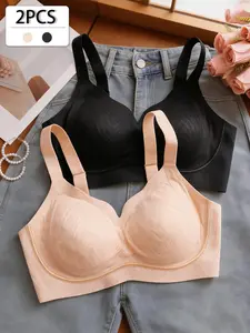 2PCS Women's Seamless Push-Up Bra, Adjustable Straps, Contrast Lace Design, Medium Support, Casual Fashion, All Seasons, Comfortable Wide Shoulder Bands