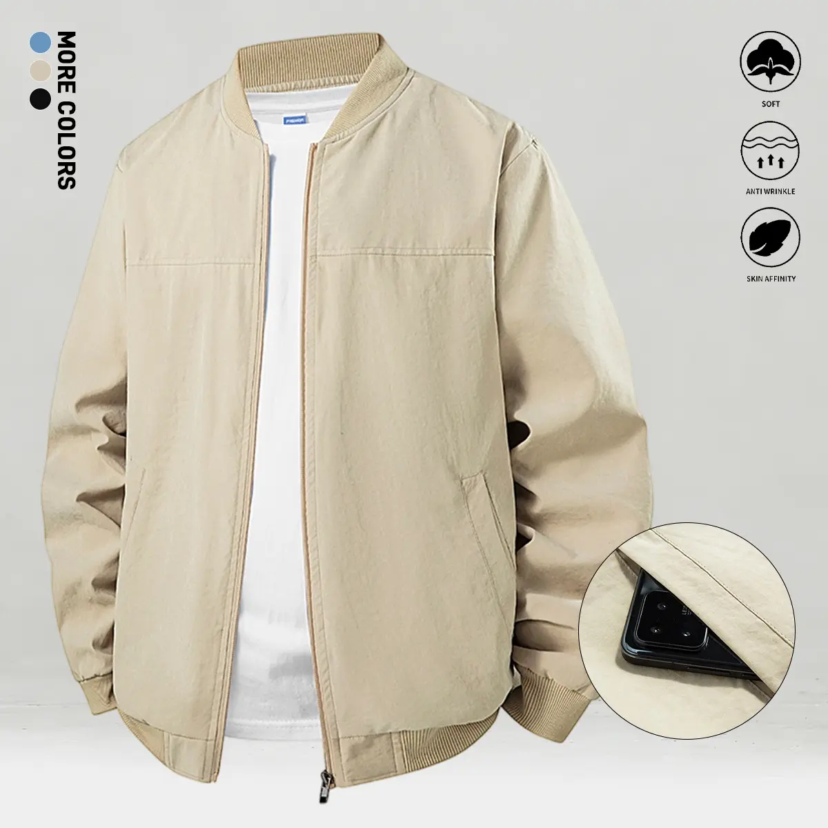 Men’s Fitted Casual Varsity Bomber Jacket - Lightweight Polyester Plain Longsleeves Outerwear with Stand Collar, Zip-Up Closure for Fall/Winter, Beaded Menswear Coat Top