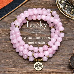 ARPURRAINA Lucky 8mm Crystal Rose Quartz Healing Stone108 Mala Beads Luck Necklace Long Beaded Wrap BraceletsGenuine Gemstone Mala Prayer Beads Lotus Buddha CharmYoga Meditation Necklace Jewelry Elegant with Lotus GiftRamadan Long Chain Sweater Chain