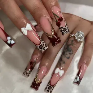 New Fashion Square Leopard Print Cherry Nail Tips, Nude Base with Wine Leopard Edge, Glitter Butterfly Design, Detachable False Nails, Nail Art