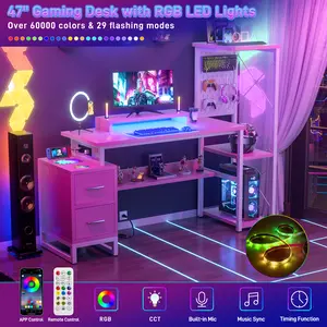 Pink Computer Desk with 2 Fabric Drawers - Reversible Home Office Desk with Power Outlet & LED Lights Gaming Desk with Monitor Stand & Storage Shelves