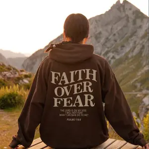 Faith Over Fear Christian Hoodie Unisex Long Sleeve Cotton Blend Casual Sweatshirt with Drawstring Hood and Pocket Trendy Bible Verse Shirt Check Customized