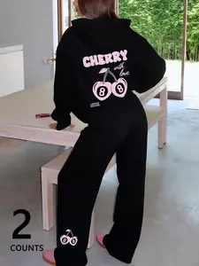 Two-Piece Set Women's Cherry & Number 8 Print Hoodie Set, Casual Long Sleeve Hooded Sweatshirt & Jogger Pants, Ladies Spring & Fall Clothes, Womenswear