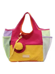 Colorblock Mesh Patchwork Tote Bag, Large Capacity Lightweight Handbag, Casual Shoulder Bag with Coin Purse, Beach Vacation Essential