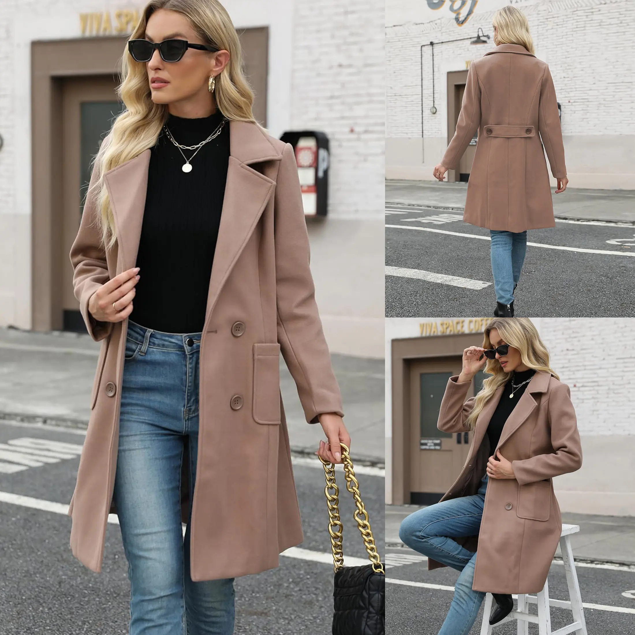 Mibbory Wool Blended Coat for Women Notch Lapel Mid Long Single Breasted Pea Coat Jacket Outwear 2026 Spring Fall Winter Outfits