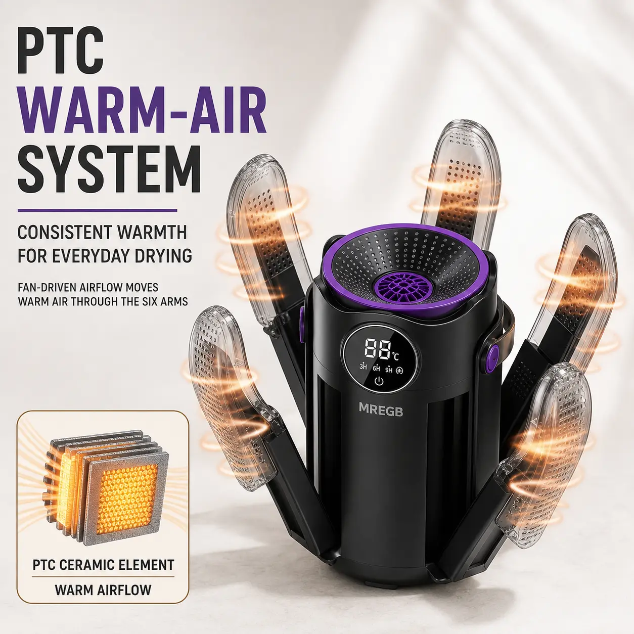 MREGB Portable Compact Household Boot and Glove Dryer - Foldable, 10-Minute Express Dry, 3H/6H/9H Timer, Constant Temp, PTC Ceramic, UV Sterilization Deodorizer, Automatic Mode, Rainy Days Winter Travel Essential, Household Shoe Dryer