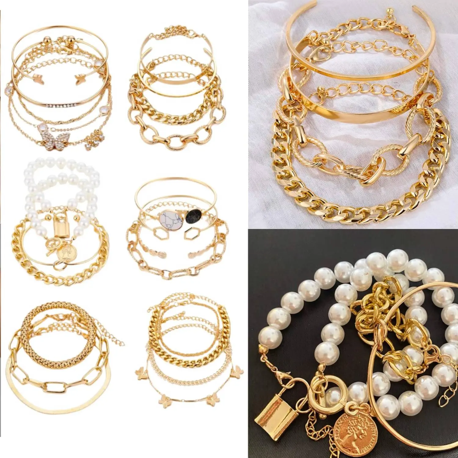 6 PACK (24 PCS) Women's Chain Bracelets Set, 14K Gold Plated Multiple Layered Stackable Open Cuff Wrap Bangle Adjustable Link Italian Cuban Jewelry for Women Gift