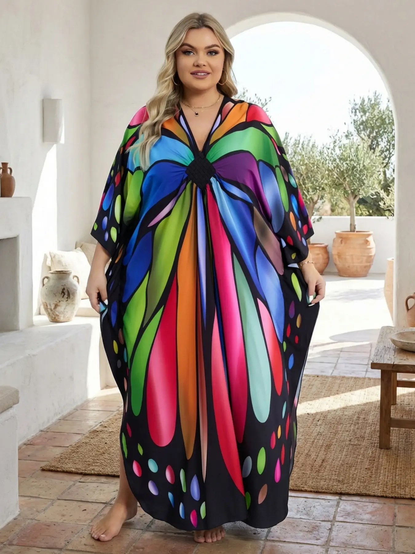 [Plus Size] Butterfly/Feather Print Ruched Split Hem Tunic Dress, Elegant Batwing Sleeve V Neck Long Dress for Summer, Women's Clothes for Beach Holiday Vacation, Boho Casual Dress, Bohemian Aesthetic, Bohemian Beach Dress, Bohemian Summer Dresses