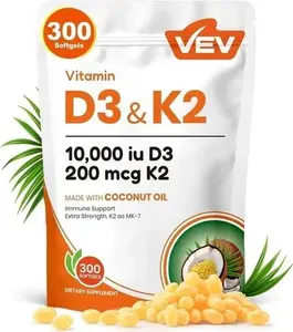 VEV 2-in-1 Vitamin D3 & K2 | 10000 IU, Virgin Coconut Oil Softgels 300 Count