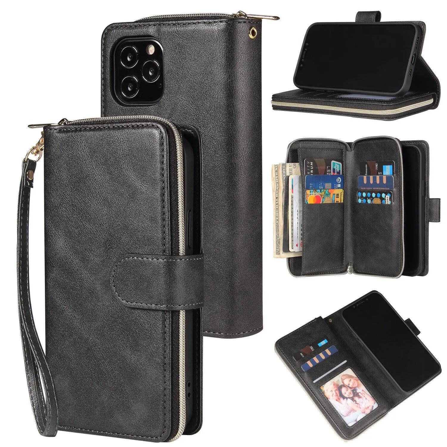 HISTORYOO RFID Blocking Wallet Case For iPhone 17 Pro Max 16 15 Plus 14 Pro Max 13 12 11 Pro For Men 9 Cards Holders Slots Luxury Retro PU Leather Zipper Handbag Purse Flip Kickstand Folio Cover Wristlet Wrist Strap Lanyard, Large capacity, small volume