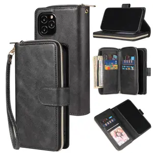 [Free !ship] For iPhone 17 Pro Max 16 15 Plus 14 Pro Max 13 12 11 Pro Max Luxury Large Capacity PU Leather Zipper Wallet Case Card Slots Cash Coin Purse Bag Full Shockproof Flip Stand Cover