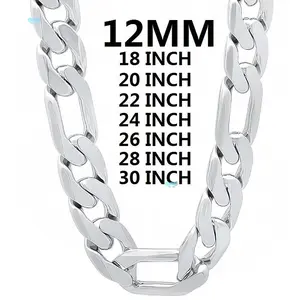 solid 925 Sterling Silver necklace for men classic 12MM Cuban chain 18-30 inch Charm high quality Fashion jewelry wedding Silver color necklace for men and women