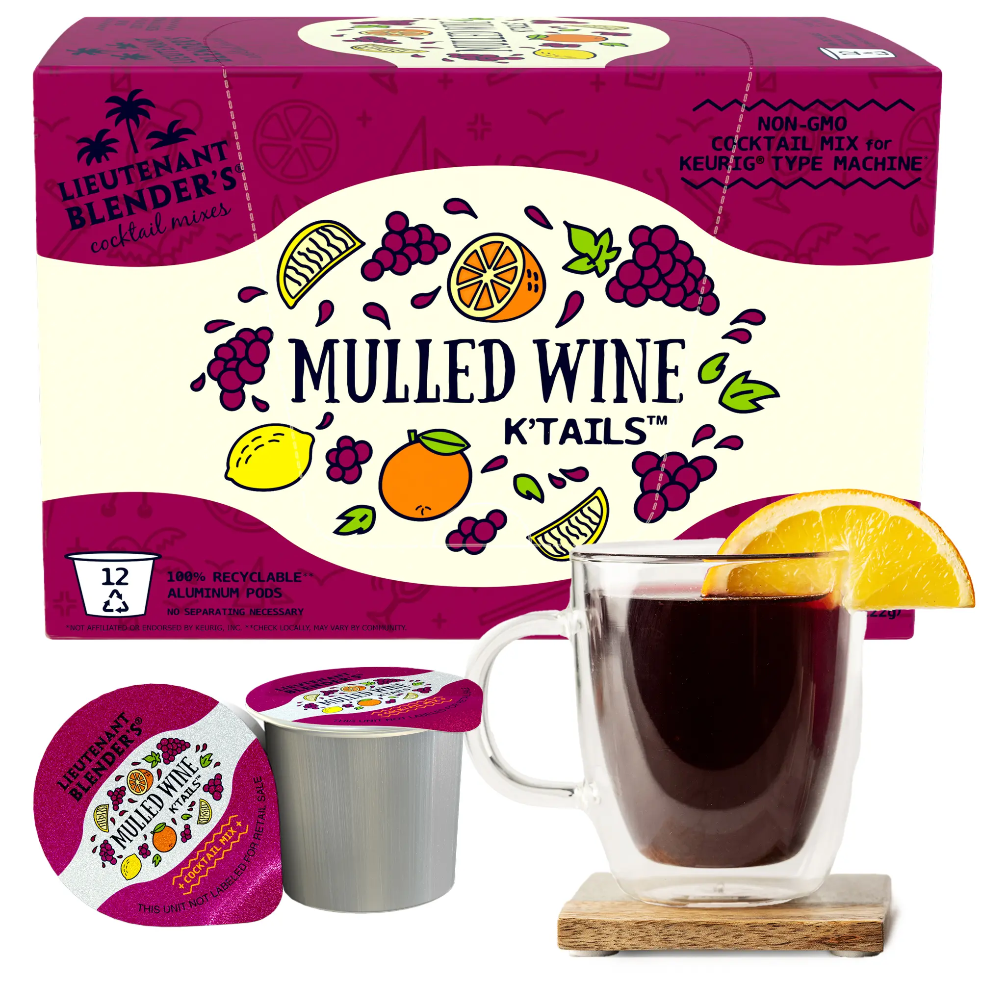 Lt. Blender's Mulled Wine K'Tails - Mulled Wine Single Pod Cocktail or Mocktail Mixers - K-Cup Compatible or Mix by Hand - Gluten Free - 12ct Pack