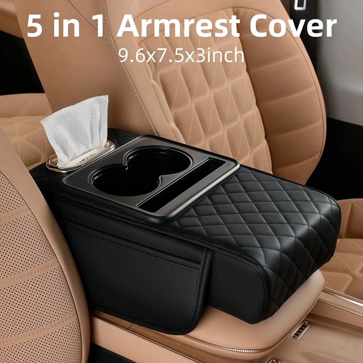 5-in-1 3" Thick Memory Cotton Leather Car Armrest Cushion - Car Console Organizer with Cup Holder, Phone Mount, Storage Bags, Tissue Box Slot, Anti-Slip Auto Accessories Interior, Universal for BMW, Toyota