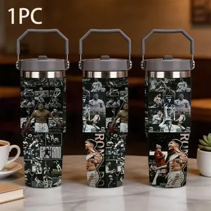 1pc 30oz large capacity stainless portable cup, Insulated water cup, with a collage of classic moments in CRISTIANO RONALDO's career, RONALDO, CRISTIANO words and GOAT inserted between them, suitable for Ronaldo fans to collect