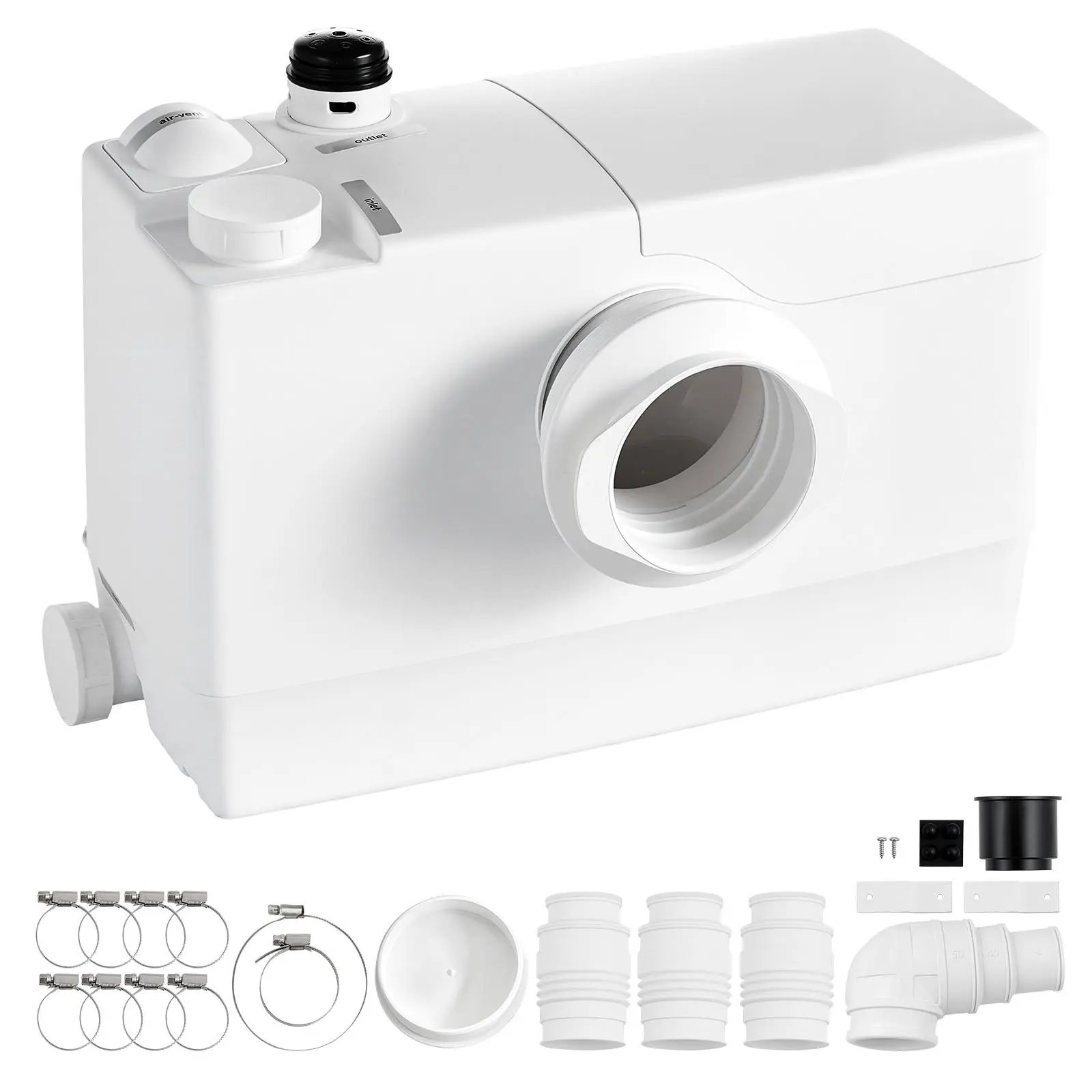 VEVOR 800W Macerator Pump with Powerful Operation, 12000L/h Flow Rate, 32.8ft/10m Head, PCB Smart Control, Metal Clog-Free PP Pump Body, No Backflow, 4 Inlets, Large-Diameter Drain Pipe, Bottom Blade for Basement, Laundry Room, Quiet & Clean