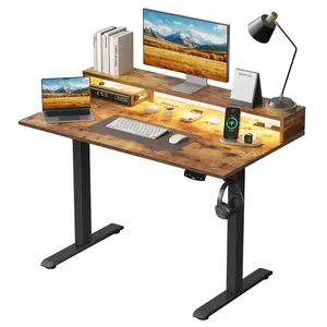 Agilestic 47.2 inch Electric Standing Desk with Power Outlet and LED Light Strip, Height Adjustable Sit-Stand Desk with Storage Shelf & Hooks, Home Office Computer Desk with Memory Buttons,Gaming Desks Gifts for Men and Women,White/Black/Rustic Brown