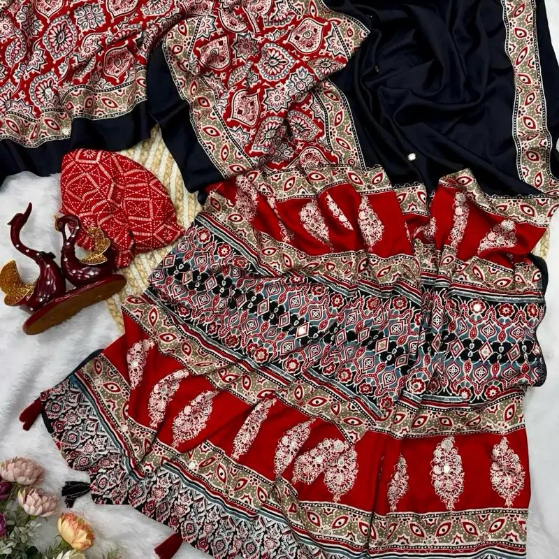 Most demanding saree collection by Nice Creation... : Soft crepe silk O WORK : Beautiful Ajarakh print with Zari aari work comes to with Blouse full stage BLOUSE Crepe Silk