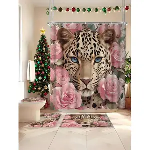Leopard Print & Pink Rose 4-Piece Bathroom Shower Curtain Set – Waterproof, Machine Washable, Includes Bath Mat, Toilet Cover & U-Shaped Rug, Holiday-Friendly Decor