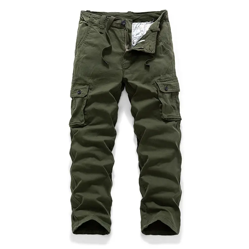 Men’s straight-fit cargo pants with button flap, multiple pockets, drawstring waist, vintage cotton casual work trousers
