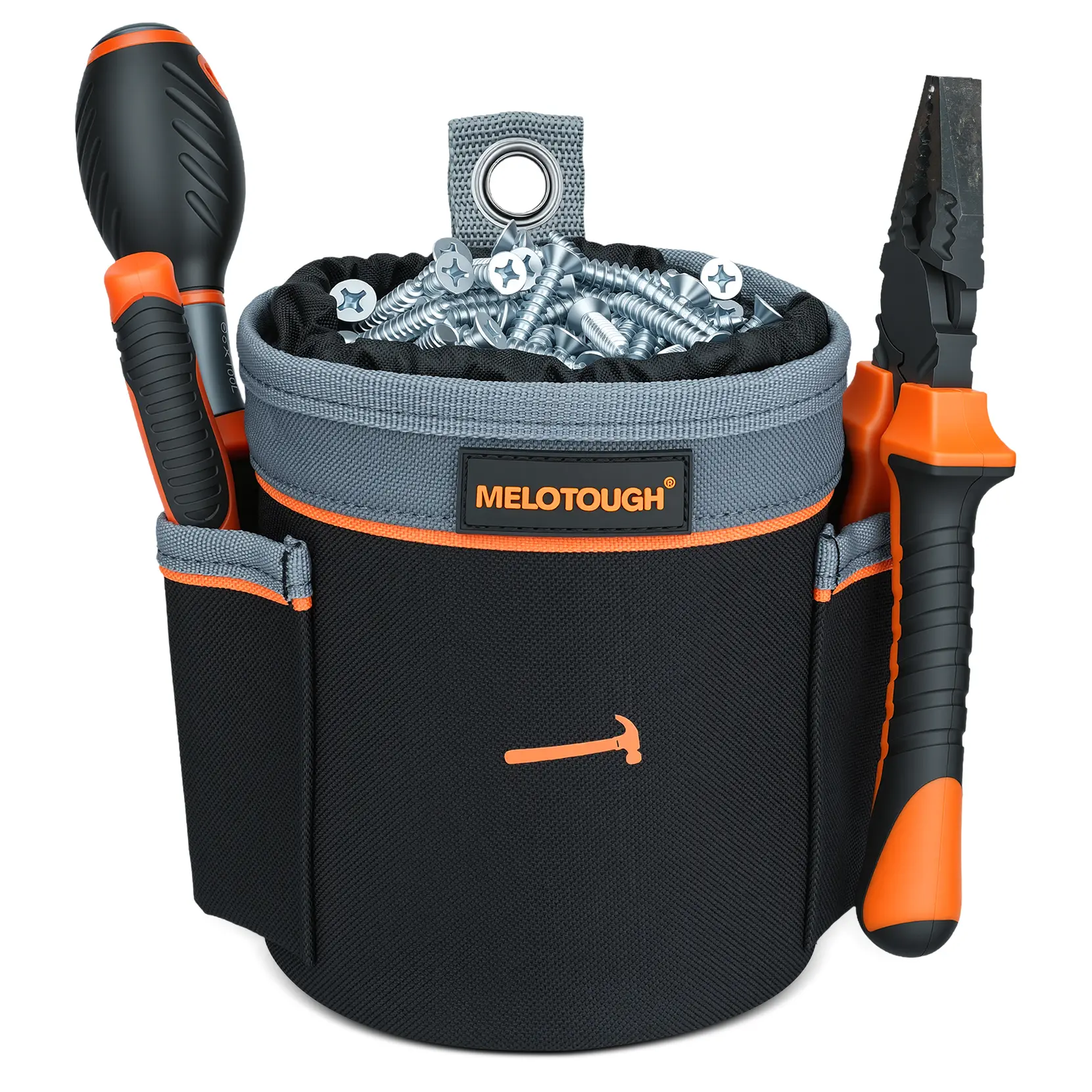 MELOTOUGH Drawstring Tool Pouch - 2 Sizes | Clip-On Nail, Screw & Bolt Bag | Mini 6″ & Deep 8.75″ for Levels/Tools | Hanging Pouch for Carpenter, Electrician, Contractor