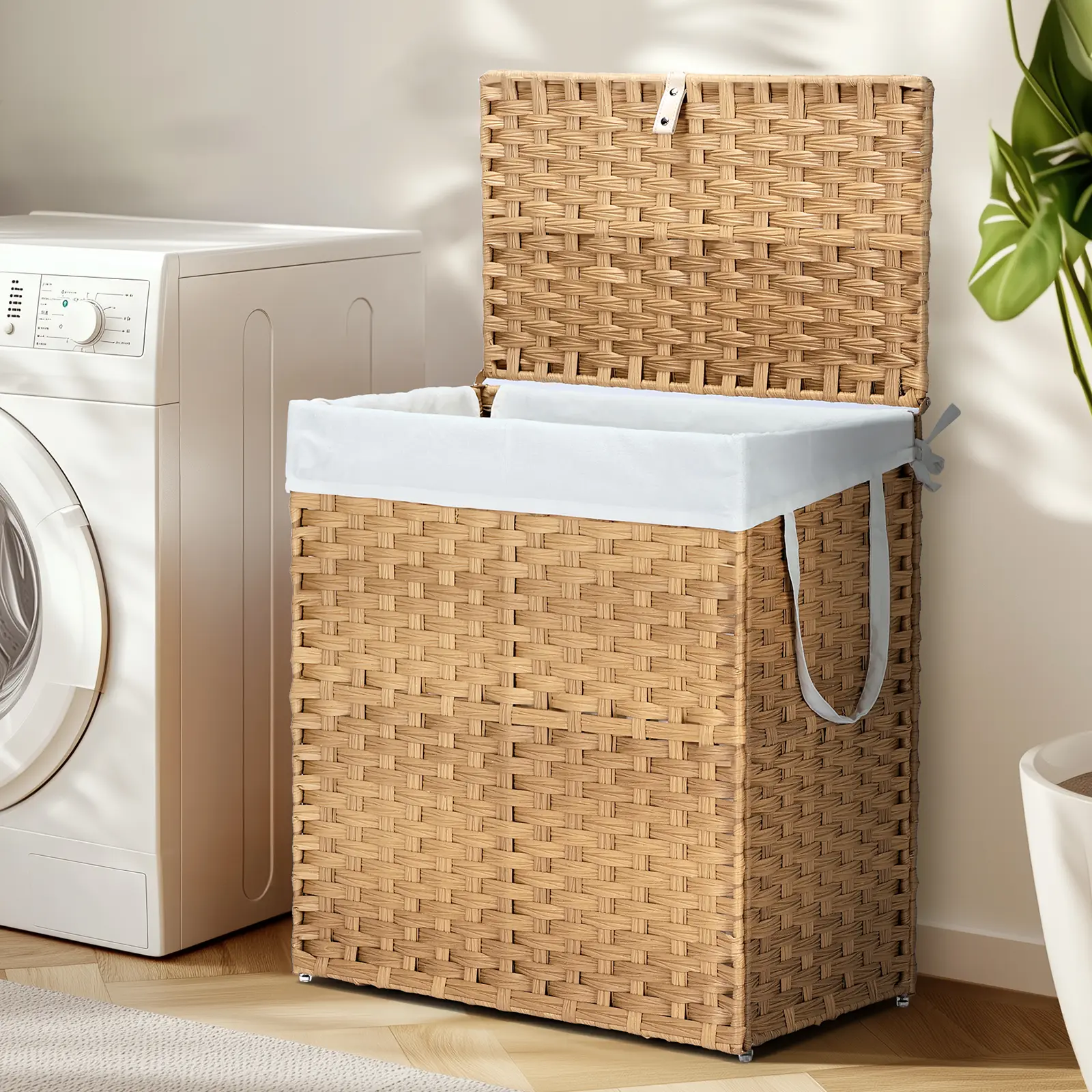 Classic Rattan Weave Wicker Clothes Hamper - 90L Large Foldable Dustproof Rectangle Anti-Scratch Home Organizer with Washable Liner, Breathable Decorative Storage Basket for Bedroom, Laundry Basket