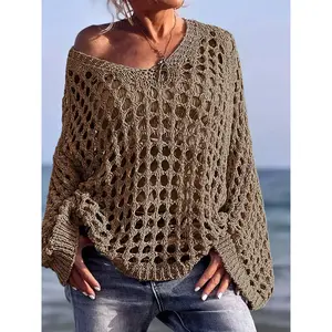 Women's hollowed out V-neck knitted sweater with loose bat sleeves, shoulder less bohemian style, long sleeves, casual and pretentiousRAIMENTRY