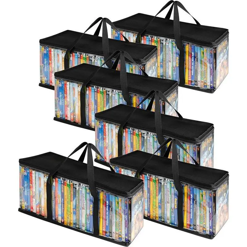 Stock Your Home DVD Storage Bags (Set of 6) Media Organizer Bag for DVDs, CDs, Blu Ray Disc, Movie Cases, VHS Box, Video Game Disks, Clear Plastic Holders with Carrying Handles and Zipper - Black Space Saver Bags Space Saving Bags