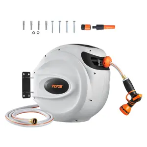 VEVOR Retractable Hose Reel, 100 ft x 1/2 inch, 180° Swivel Bracket Wall-Mounted, Garden Water Hose Reel with 9-Pattern Nozzle, Automatic Rewind, Lock at Any Length, and Slow Return System