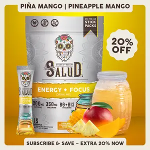 Salud 2-in-1 [Energy + Focus – Piña Mango] Clean Energy Drink Mix, Agua Fresca, Organic Caffeine (200mg), L-Theanine (350mg), B6 & B12, Non-GMO, Gluten Free, Vegan, Low Calorie, 1g Sugar (15 Servings)