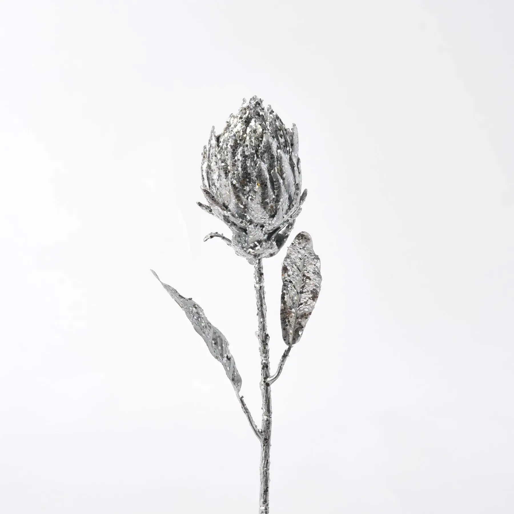 27" Tall Metallic Silver Glittered Protea Stem Spray with Leaf, 3" Wide 5" Diameter Elegant Decorative Floral Stem for Home Decor, Room Accents, Modern