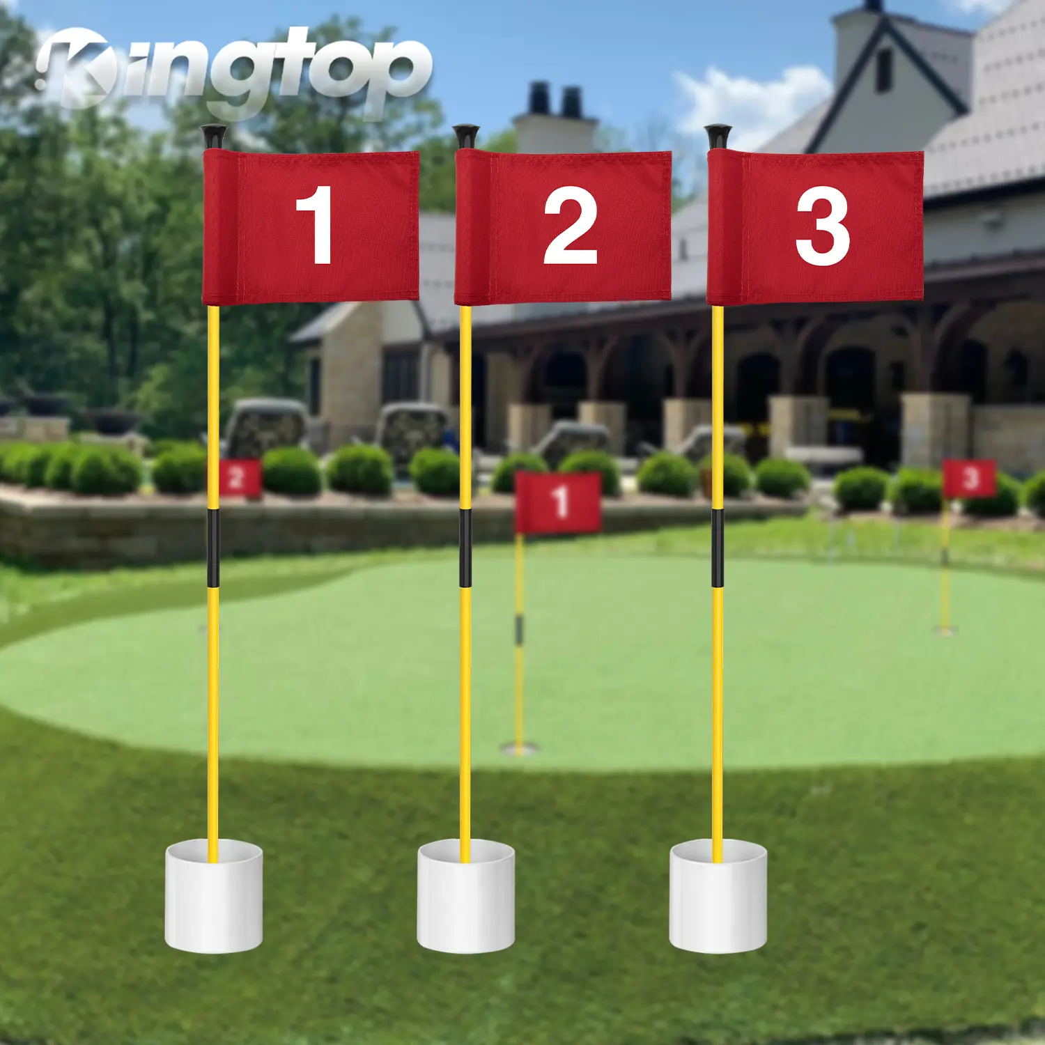 KINGTOP 3-Pack Mini Golf Flagsticks, 3ft Portable 2-Section Pins with 420D Nylon Checkered & Numbered Flags for Family Backyard Putting, Resists Fading Outdoors, 420D Nylon Resists Fading Outdoors, Golfer Gift, Base, Vibrant, Club