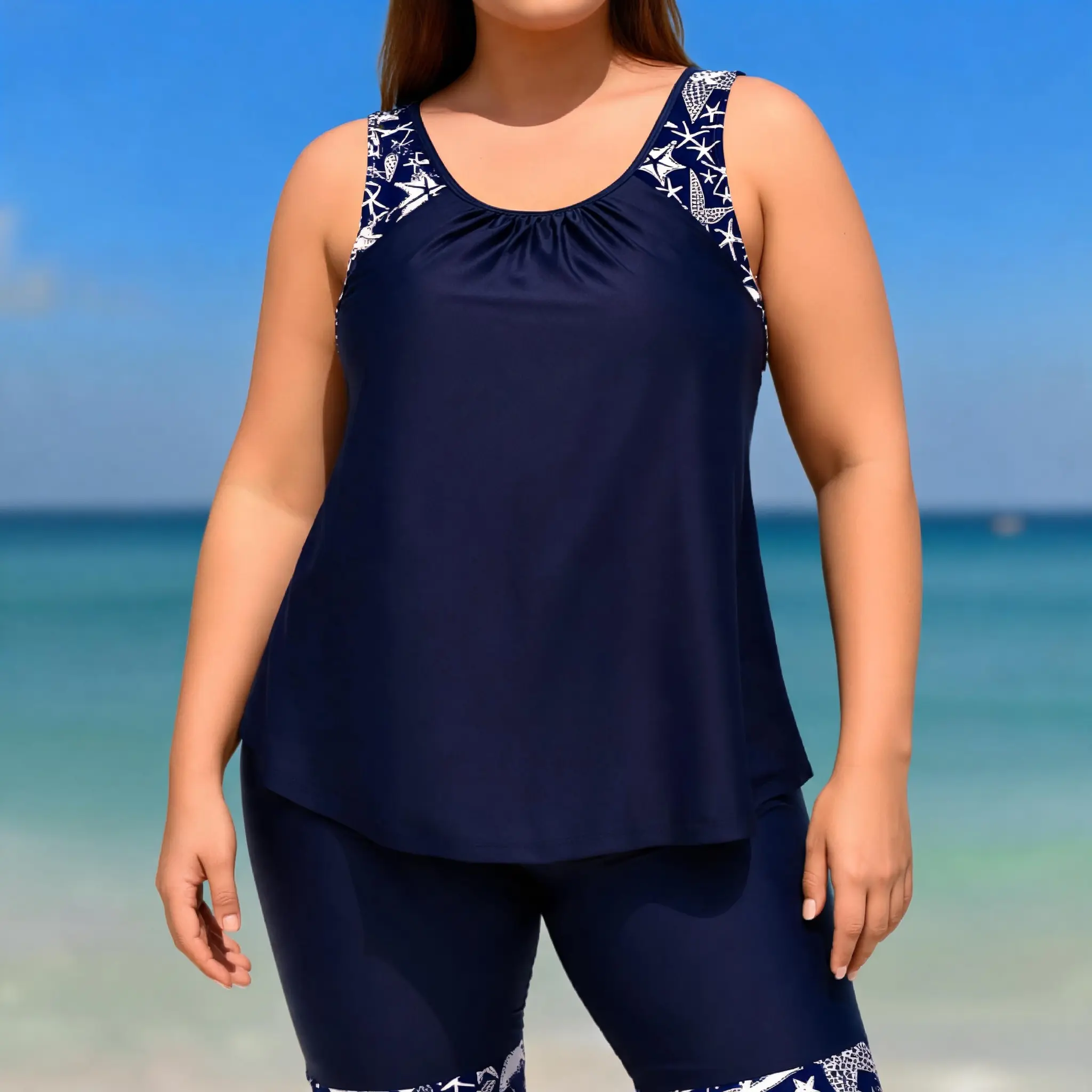 Plus Size Modest 2-Piece Active Tankini Swimsuits, Chlorine-Resistant UPF50+ Quick-Dry 220GSM Nylon Spandex Set with Double Lining, Seamless Stitching, Wide Non-Slip Straps, Loose Flow Tank, Tummy Concealing, Starfish Contrast Print, Knee-Length Capris, S