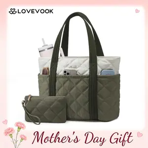 LOVEVOOK Large Capacity Puffer Tote Bag for Women,with Multiple Compartments and a Cup Holder,Stylish Quilted Travel Shoulder Bag,Lightweight and Comfortable,Suitable for Various Occasions