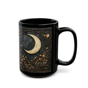 Crescent Moon Wildflower Mug 11oz 15oz, Dark Cottagecore Mandala Floral Ceramic Coffee Cup Drinkware, Gift For Mom, The Moon Lovers