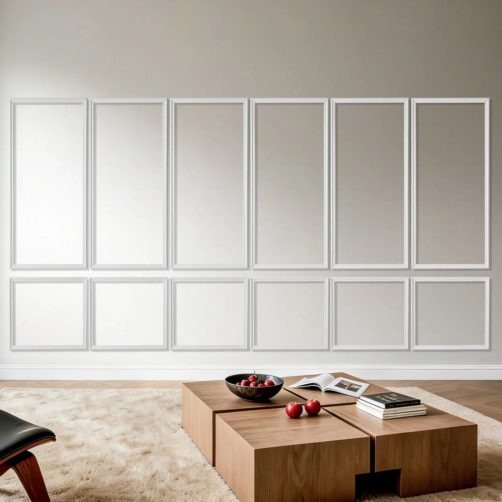 VEVOR 6-Set Wall Molding Wainscoting Panels Kit, Lightweight Paintable Polystyrene, Waterproof Wide Profile Contemporary Trim, Effortless Customization for Renters DIY Accent Walls, Bedroom, Living Room (24x54 + 24x24 in)